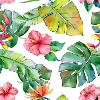 Behang Tropisch Hawaii bladeren patroon in een aquarel stijl. Aquarelle wilde bloem voor achtergrond, textuur, wrapper patroon, frame of grens.