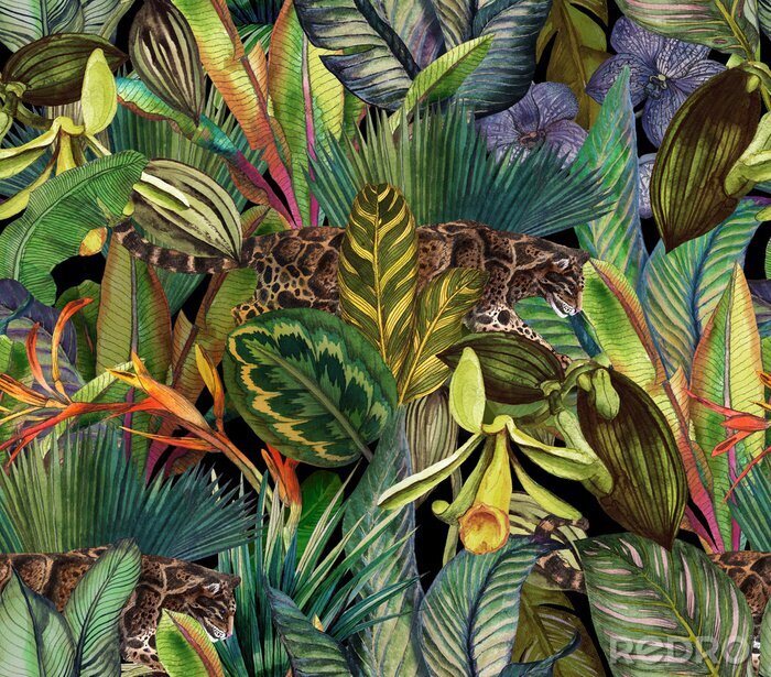 Behang Tropisch motief met luipaard tussen exotische planten