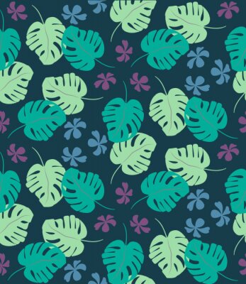 Behang Tropisch naadloos patroon met exotische palmbladen en tropische bloem. Hawaiiaanse stijl. Vector illustratie.