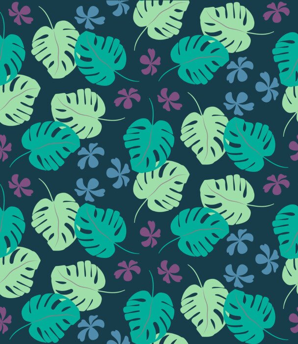 Behang Tropisch naadloos patroon met exotische palmbladen en tropische bloem. Hawaiiaanse stijl. Vector illustratie.