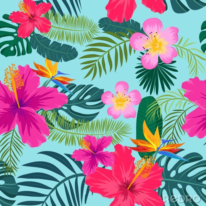 Behang Tropisch naadloos patroon met palmbladeren en bloemen