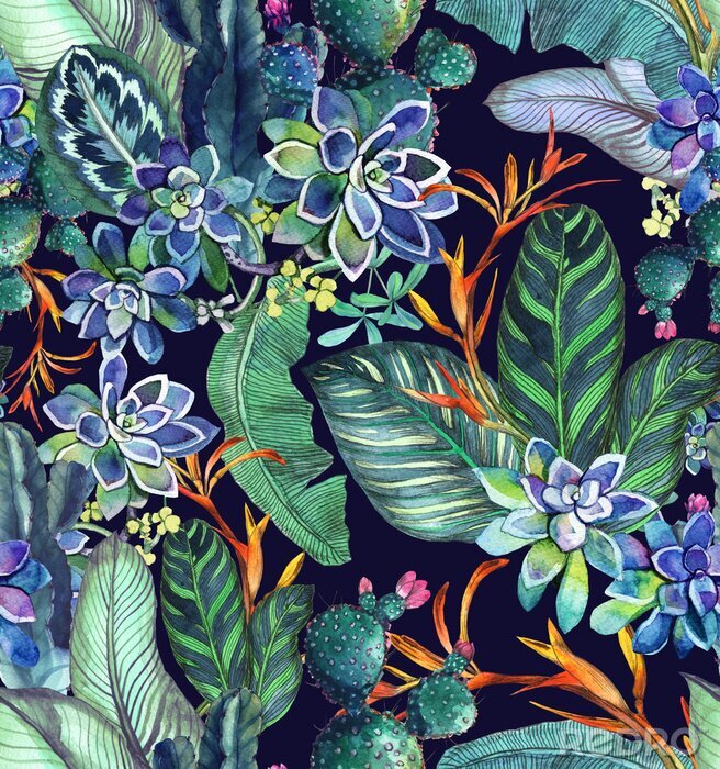 Behang Tropisch naadloos patroon met succulents, tropische bladeren. Botanische achtergrond