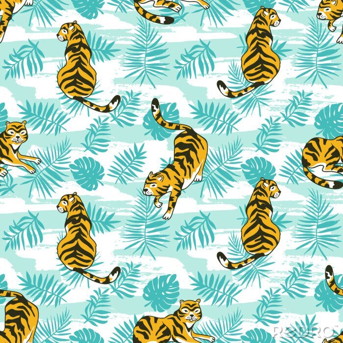 Behang Tropisch naadloos patroon met tijgers en palmbladeren. Vector dierlijk ontwerp voor stof, omslagpapier of behang. Exotische kunst achtergrond.