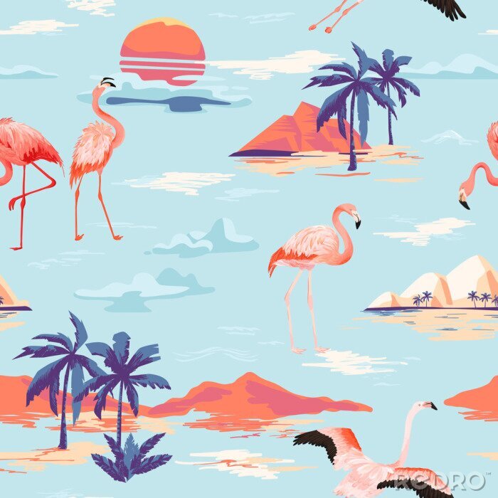 Behang Tropisch patroon met eilanden en flamingo's