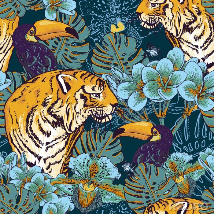 Behang Tropisch patroon met tijger en toekans