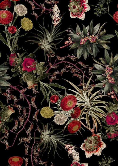 Behang Tropisch struikgewas met bloemen