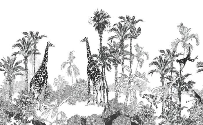 Behang Tropisch zwart-wit ontwerp met giraffen