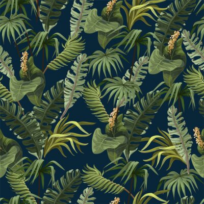 Behang Tropische bladeren op een marineblauwe achtergrond
