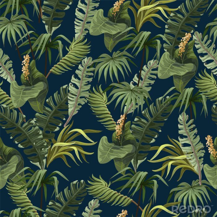 Behang Tropische bladeren op een marineblauwe achtergrond