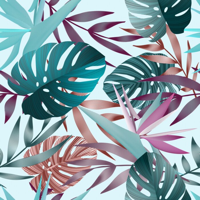 Behang Tropische bloemen, jungle bladeren, paradijsvogel bloem.