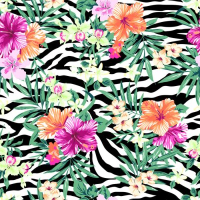Behang Tropische bloemen over zebra print ~ naadloze achtergrond