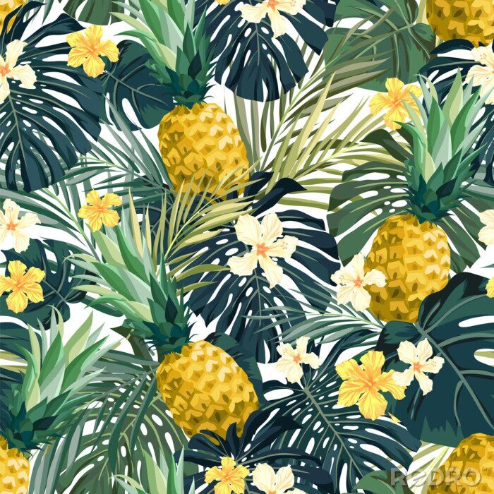 Behang Tropische bloemenbladeren en ananas