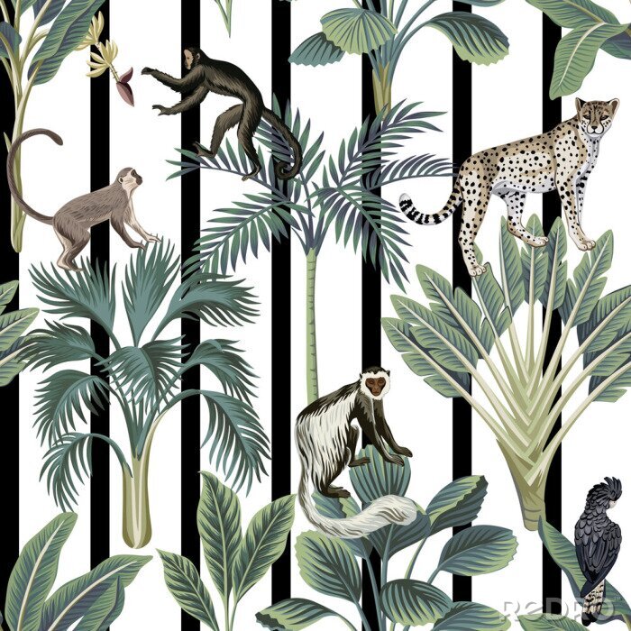 Behang Tropische dieren en planten op een gestreepte achtergrond