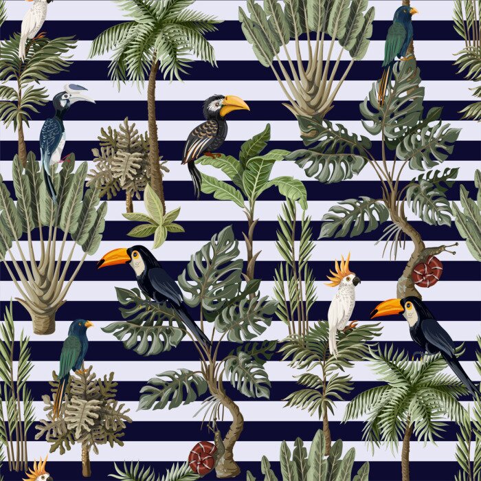 Behang Tropische dieren en planten op een gestreepte achtergrond