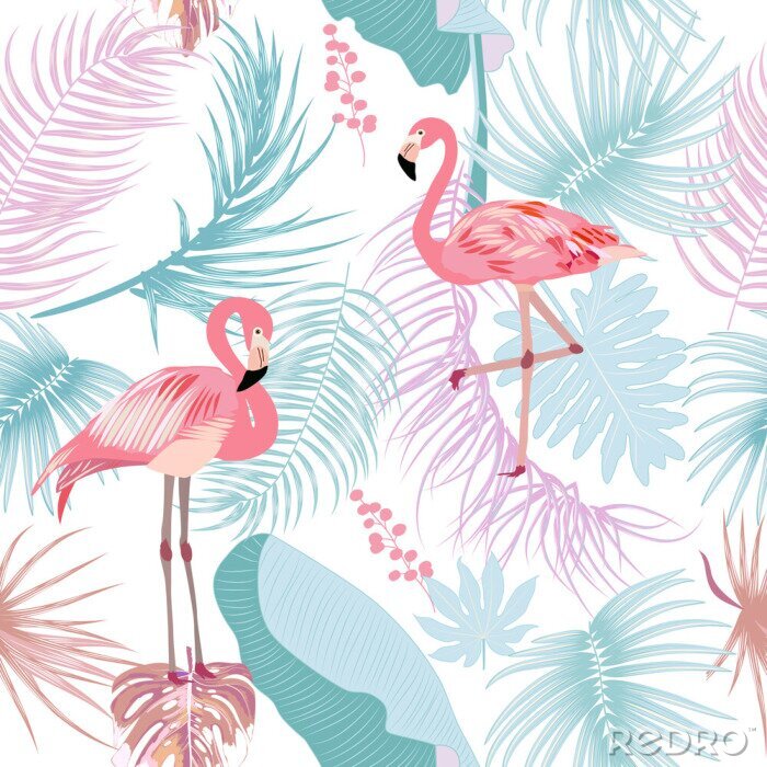 Behang Tropische flamingo's en bladeren
