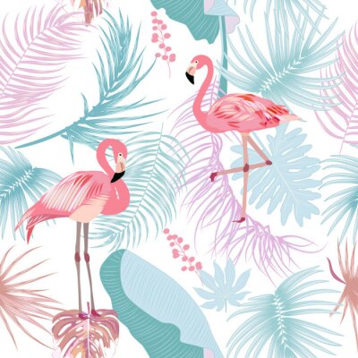 Behang Tropische flamingo's en bladeren