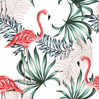 Behang Tropische flamingo's en exotische bloemen
