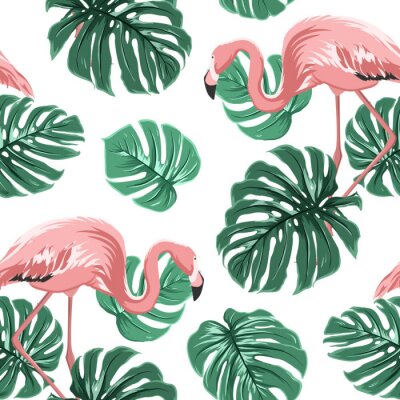 Tropische flamingo's en monstera bladeren