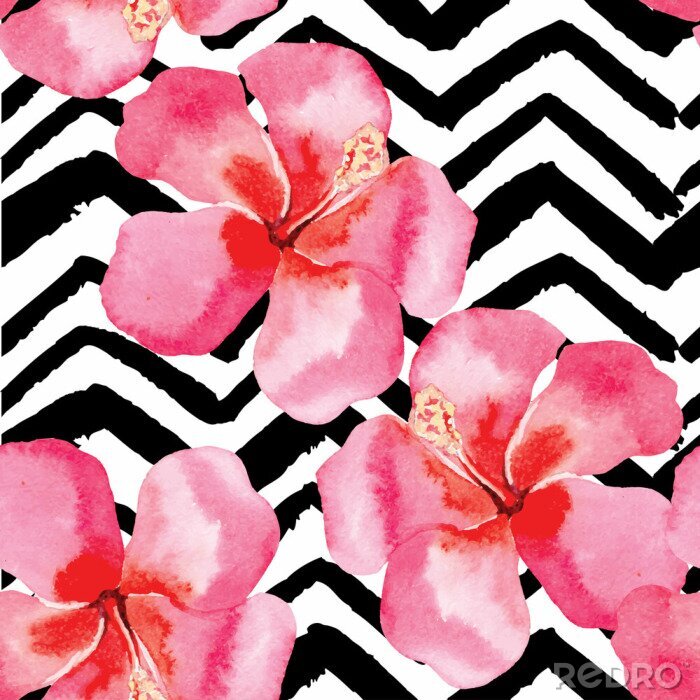 Behang tropische hibiscus aquarel patroon, zwarte en witte achtergrond