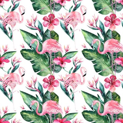 Behang Tropische naadloze bloemen zomer patroon achtergrond met tropische palmbladeren, roze flamingo vogel, exotische hibiscus. Perfect voor jungle-achtergronden, mode textielontwerp, stoffenprint.