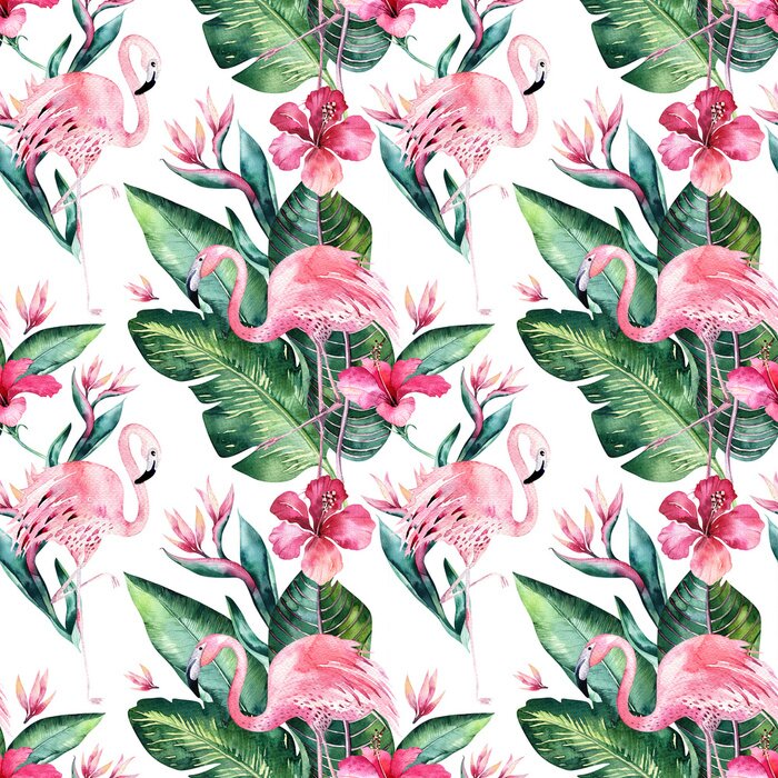 Behang Tropische naadloze bloemen zomer patroon achtergrond met tropische palmbladeren, roze flamingo vogel, exotische hibiscus. Perfect voor jungle-achtergronden, mode textielontwerp, stoffenprint.