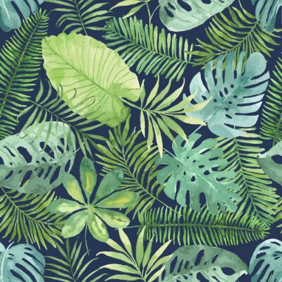 Behang Tropische naadloze patroon met bladeren. Aquarel achtergrond met tropische bladeren.