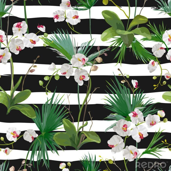 Behang Tropische palmbladeren en Orchideebloemen Achtergrond. naadloos Patroon