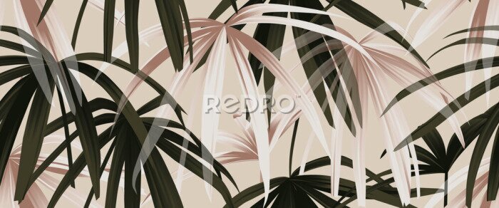 Behang Tropische plant naadloze patroon, rose goud en groene palmbladeren op licht roze achtergrond