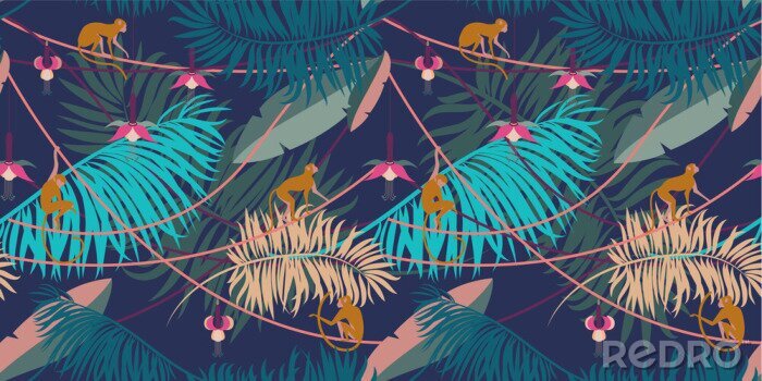 Behang Tropische planten en aapjes