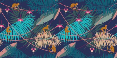 Behang Tropische planten en aapjes