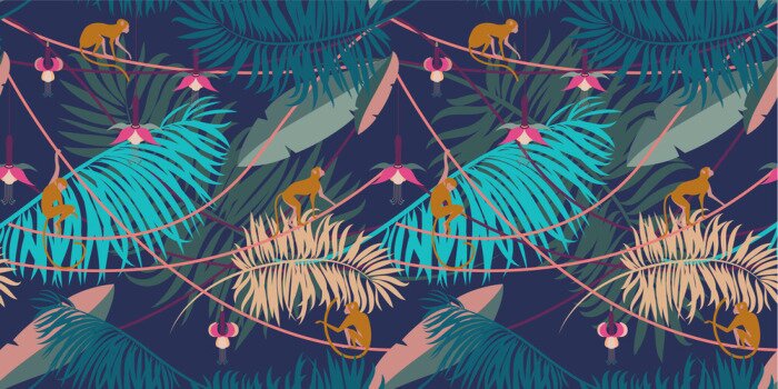 Behang Tropische planten en aapjes