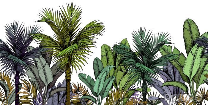 Behang Tropische vegetatie opvallende veelkleurige illustratie