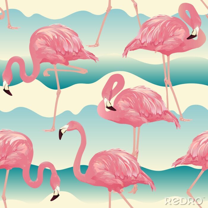 Behang Tropische vogels flamingo's op een achtergrond van blauwe golven