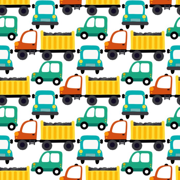 Behang Trucks on the road seamless vector illustration. Design for fabric, wrapping, textile, wallpaper, apparel.