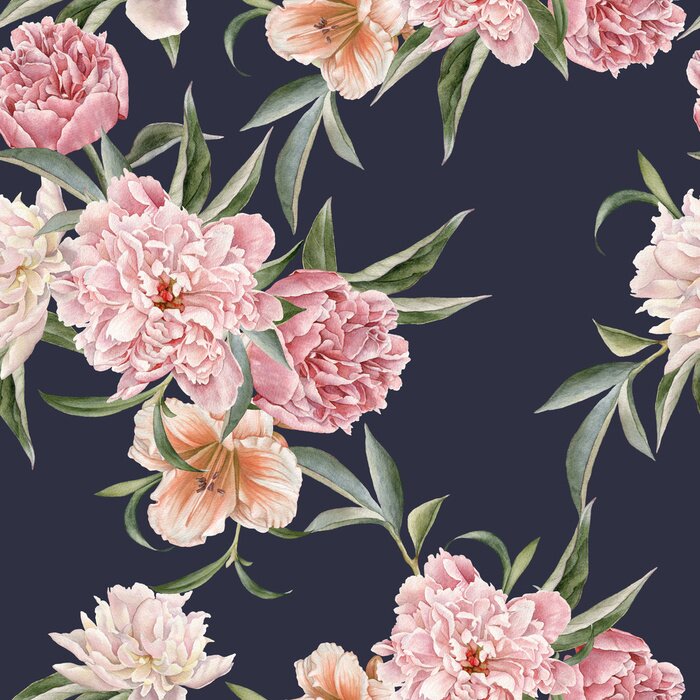 Behang Tuinpioenen en lelies donkerblauwe achtergrond