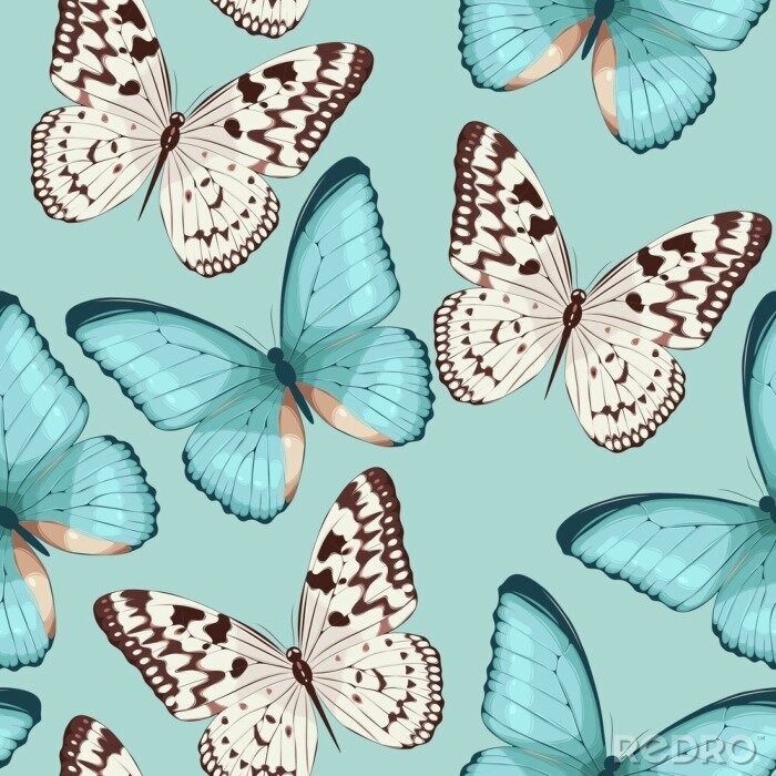 Behang Turquoise en beige vlinders op een lichte achtergrond