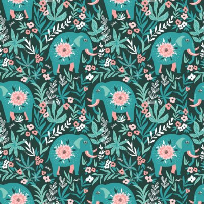 Behang Turquoise olifanten met bloemen