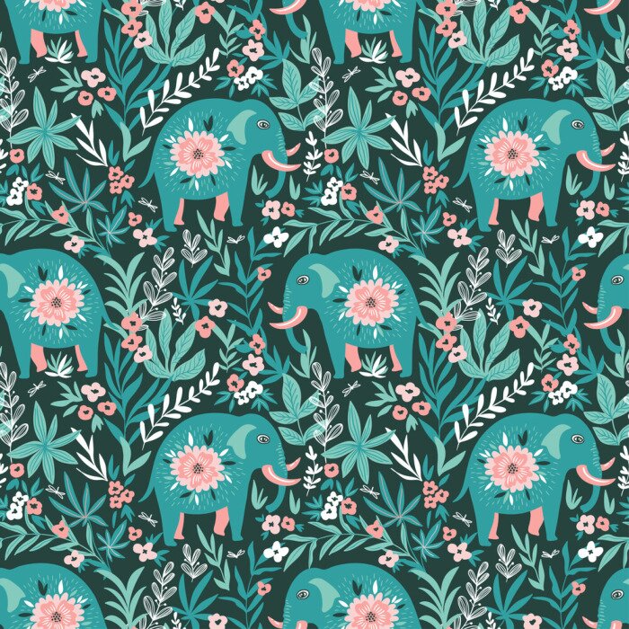 Behang Turquoise olifanten met bloemen