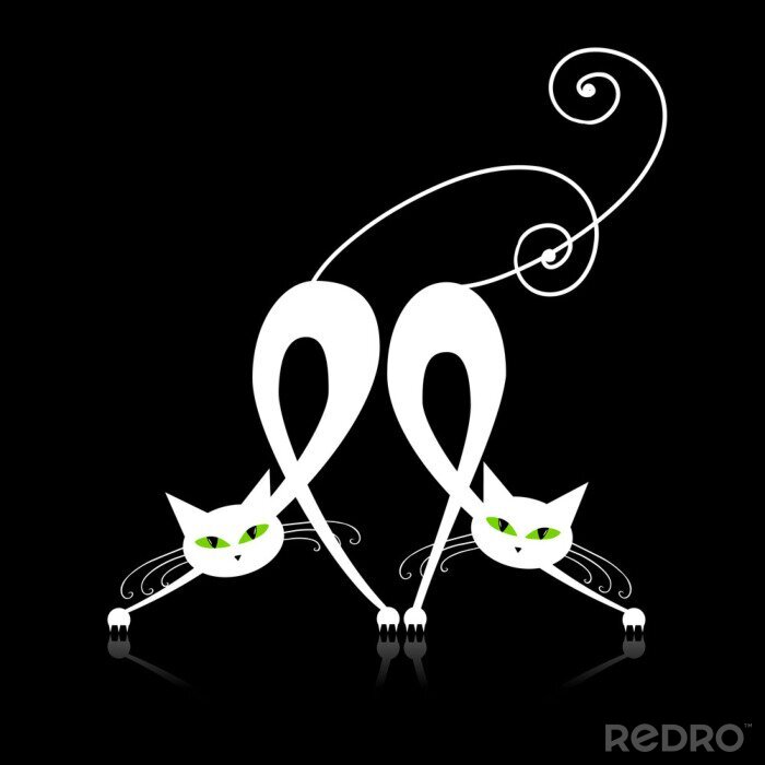 Behang Twee gracieuze witte katten, silhouet voor uw ontwerp