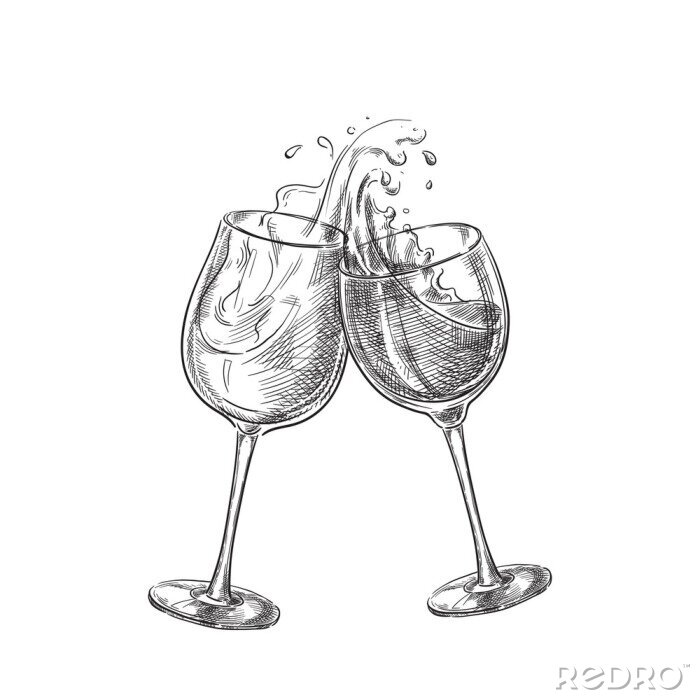 Behang Twee wijnglazen met plonsdranken, schets vectorillustratie. Hand getrokken label ontwerpelementen