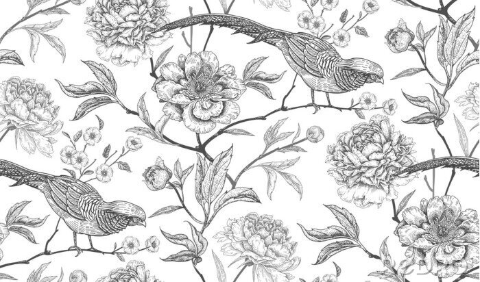 Behang Tweekleurige afbeeldingen met vogels op bloemen