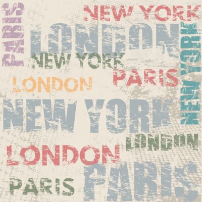 Behang Typografische poster met stadsnamen Londen, Parijs en New York