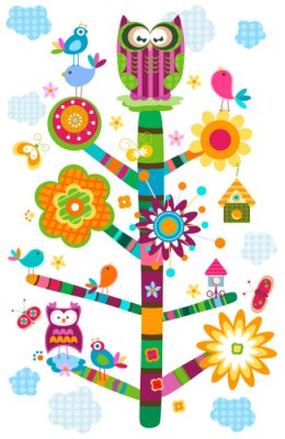 Uil op een kleurrijke boom