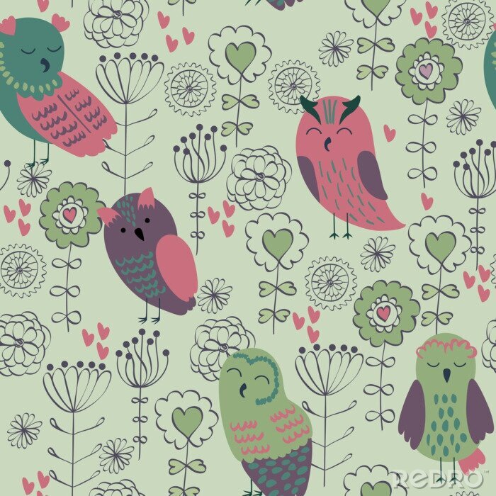 Behang Uilen en bloemen met hartjes