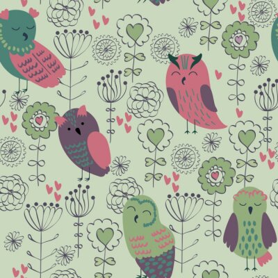 Behang Uilen en bloemen met hartjes