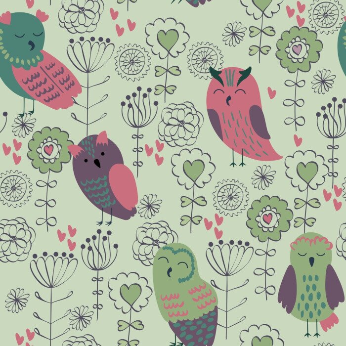 Behang Uilen en bloemen met hartjes