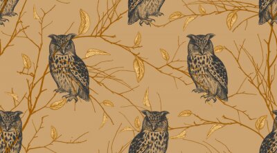Behang Uilen op de gouden struik