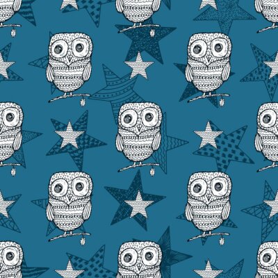 Behang Uilen op een achtergrond van blauwe sterren