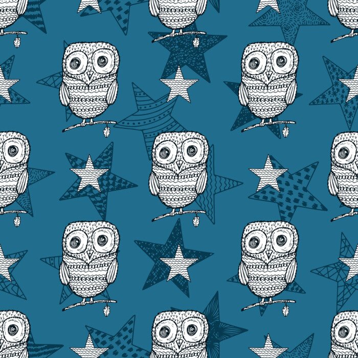Behang Uilen op een achtergrond van blauwe sterren