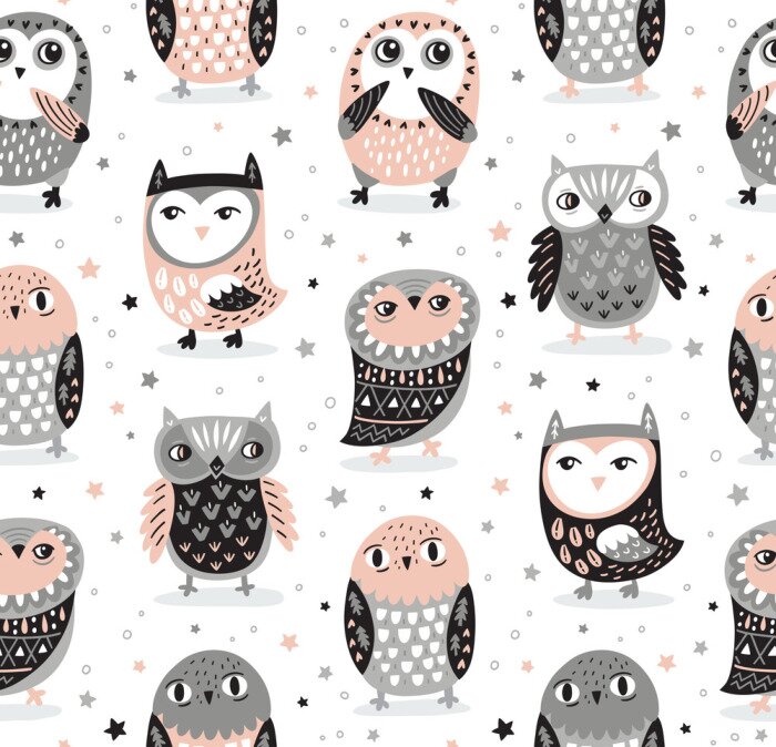 Behang Uilen voor kinderen in grijstinten
